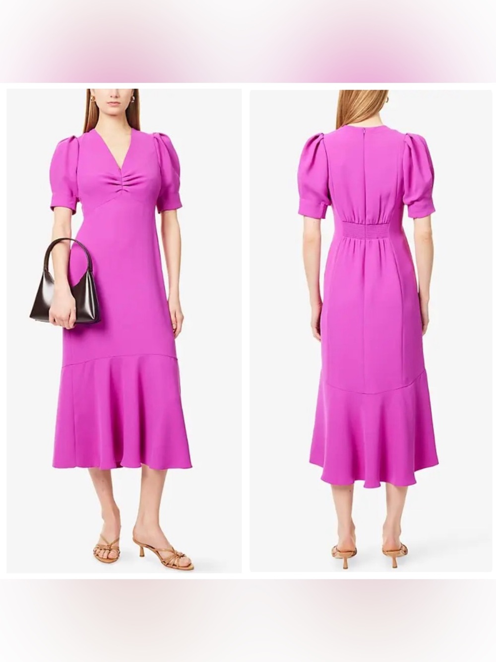 ME+EM Crepe Woven Midi Dress with Puff Sleeves Fuchsia Pink Size 10